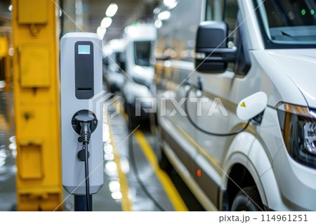 White Electric Van Plugged in at Charging Station in Parking Garage Under Bright Lights 114961251