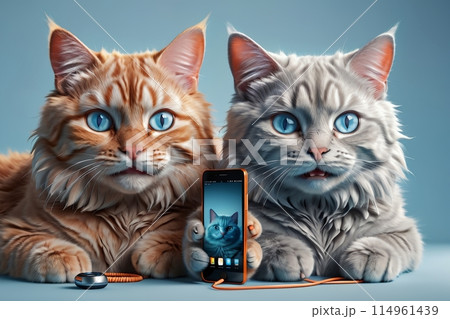 two cute cats with a phone, internet dating concept 114961439