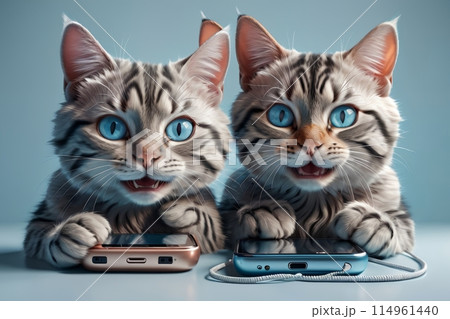 two cute cats with a phone, internet dating concept 114961440