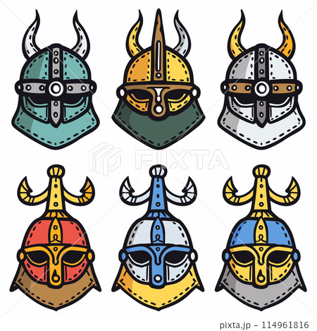 Six Viking helmets colorful cartoon style. Helmets feature classic Norse design horns metallic accents. Graphic suitable historical, cultural, themed content Six Viking helmets colorful cartoon style. Helmets feature classic Norse design horns metallic accents. Graphic suitable historical, cultural, themed content 114961816