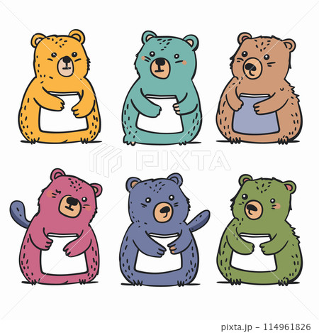 Six cartoon bears different colors holding jars honey. Cute colorful bears illustration, playful cartoon characters honey pots. Childfriendly animal drawings, vibrant doodle style collection 114961826