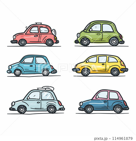 Colorful compact cars illustration, various colors, simple cartoon style, different model. Cute small vehicles, urban transport theme, handdrawn feel, cheerful design. Collection small cartoon cars 114961879