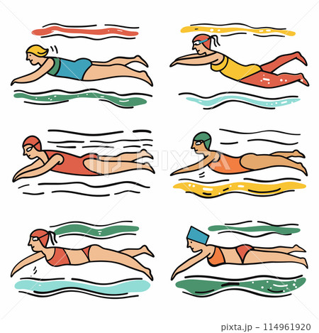 Swimmers cartoon characters performing freestyle stroke, colorful swimwear, different strokes styles, swimming pool lines, diverse swim caps, sports activity, varying swim goggles. Athletic swimmers 114961920