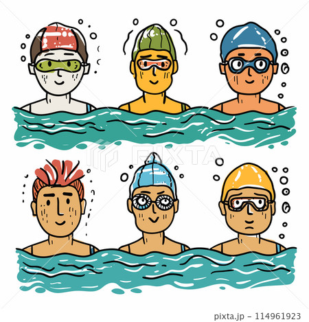 Six cartoon swimmers illustrated swim caps goggles swimming blue water, character has unique cap colors different hairstyles beneath, suggesting diversity. Friendly smiling faces indicate 114961923