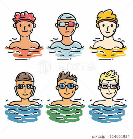 Six cartoon swimmers heads above water, different swimwear accessories. Diverse group swimmers wearing goggles, caps, varying hairstyles expressions. Colorful swimmer characters displayed against Six cartoon swimmers heads above water, different swimwear accessories. Diverse group swimmers wearing goggles, caps, varying hairstyles expressions. Colorful swimmer characters displayed against 114961924