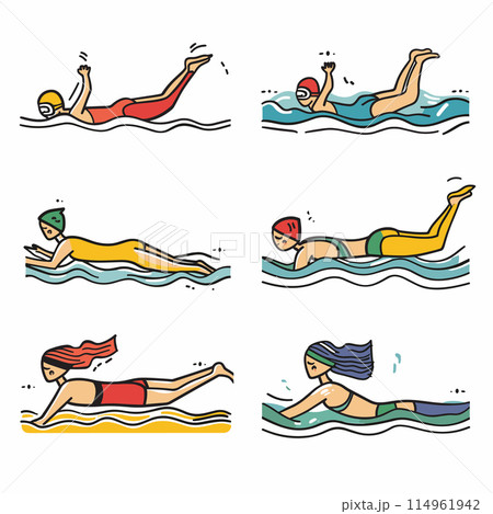 Swimmers illustrated performing different strokes. Cartoonstyle male female swimmers caps swimming freestyle backstroke, showing motion, colorful swimwear, water waves, sporty activity 114961942