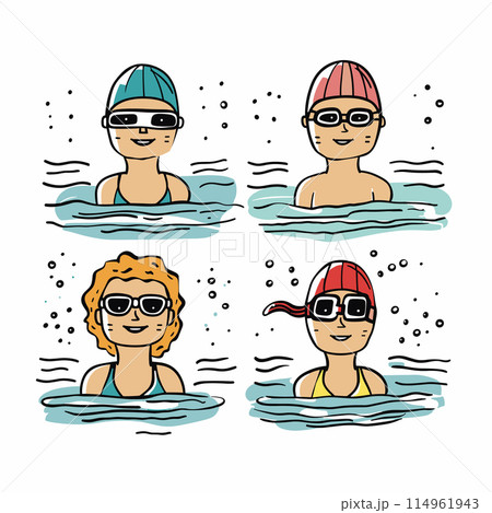 Four swimmers wearing goggles caps swimming, cheerful expressions their faces, character submerged water up shoulders, differentiated swim caps blue, patterned red, solid red, yellow. Sportive 114961943