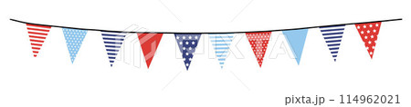 Bunting garland. Party flags with stripes and stars, USA flag colors isolated on background. Vector illustration, web banner. Memorial, labor day. Independence day, 4th July. Birthday, anniversary. Bunting garland. Party flags with stripes and stars, USA flag colors isolated on background. Vector illustration, web banner. Memorial, labor day. Independence day, 4th July. Birthday, anniversary. 114962021