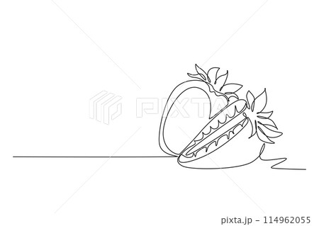 Single one line drawing whole and sliced healthy organic strawberry for orchard logo identity. Fresh berry concept for fruit garden icon. Modern continuous line draw design graphic vector illustration 114962055