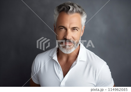 Portrait of handsome confident mature man looking at camera on gray studio background 114962085