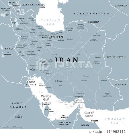 Iran with provinces, gray political map, with borders, capital Tehran and major cities. The Islamic Republic of Iran, also known as Persia, a country in West Asia, divided into 31 provinces. Vector 114962111