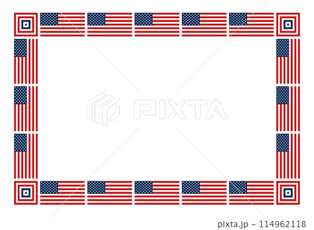 American flag pattern, rectangle frame. Decorative rectangular border, made of repeated, vertical and horizontal arranged national flags of the United States. Isolated illustration over white. Vector 114962118