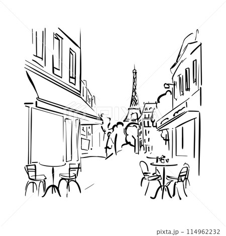 Street cafe in old town vector illustration without people. French Street Cafe doodle sketch Street cafe in old town vector illustration without people. French Street Cafe doodle sketch 114962232