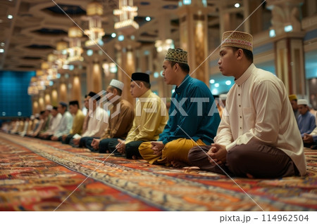 Peaceful prayer gathering at ornate mosque, men in traditional attire performing Islamic rituals with reverence and unity. Concept of faith, spirituality, community and cultural diversity 114962504