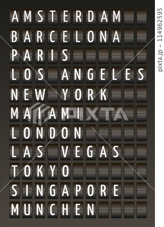 Airport mechanical scoreboard. Realistic equipment board message departures and arrivals flight poster. Flipping departure countdown. Vector illustration 3d schedule arriving train for travel Airport mechanical scoreboard. Realistic equipment board message departures and arrivals flight poster. Flipping departure countdown. Vector illustration 3d schedule arriving train for travel 114962595