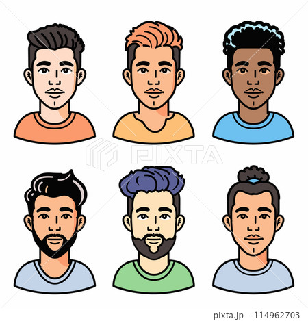 Six diverse male avatars, cartoon character heads, different hairstyles, ethnicities, bearded, mustache, smiling. Young adults, casual clothing, vector graphic, isolated white background colorful Six diverse male avatars, cartoon character heads, different hairstyles, ethnicities, bearded, mustache, smiling. Young adults, casual clothing, vector graphic, isolated white background colorful 114962703
