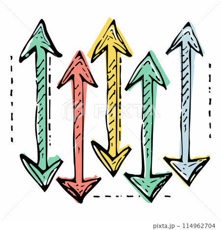 Handdrawn arrows pointing up down, colorful sketch style, direction symbols. Doodle arrows concept, red blue green yellow, isolated white background. Set five assorted arrows, cartoon illustration Handdrawn arrows pointing up down, colorful sketch style, direction symbols. Doodle arrows concept, red blue green yellow, isolated white background. Set five assorted arrows, cartoon illustration 114962704