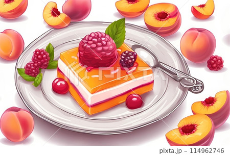 Beautiful illustration of Peach Melba dessert with peaches, AI Generated 114962746