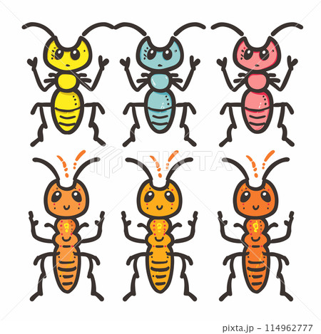 Colorful cartoon ants illustrated various patterns expressions. Six ants displayed two rows, featuring unique colors spotted decorations. Cute insects designed whimsical style, ideal childrens book 114962777
