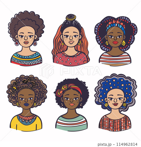 Six diverse cartoon women, unique hairstyles colorful outfits. African female portraits showcasing different ethnic beauty fashion styles. Illustrated faces express subtle emotions cultural Six diverse cartoon women, unique hairstyles colorful outfits. African female portraits showcasing different ethnic beauty fashion styles. Illustrated faces express subtle emotions cultural 114962814