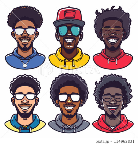 Six diverse African American male avatars wearing different outfits accessories. Portraits showcase various hairstyles, glasses, expressions. One sports baseball cap, another has toothy grin braces 114962831