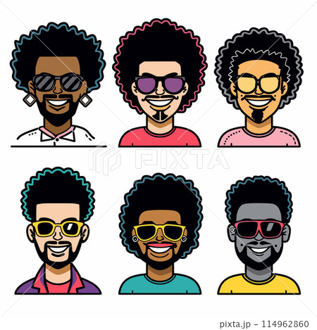 Six diverse avatars featuring people different styles, individual expresses unique personality through hairstyle, sunglasses, earrings. Portraits set against clean background versatile use 114962860