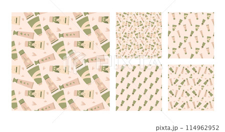 Organic cosmetics seamless pattern collection. Skincare lotion beauty tubes repeat covers set. Moisturizing vegan products endless background. Vector illustration. Organic cosmetics seamless pattern collection. Skincare lotion beauty tubes repeat covers set. Moisturizing vegan products endless background. Vector illustration. 114962952