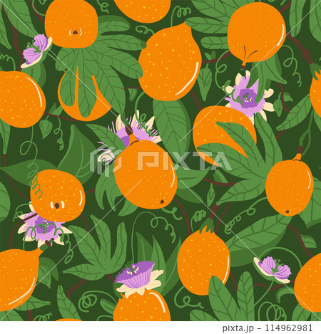 Sweet granadilla fruit and flowers seamless pattern. Tropical fruits endless background. Yellow passion fruit repeat cover. Exotic grenadia loop ornament tile. Vector hand drawn illustration. 114962981
