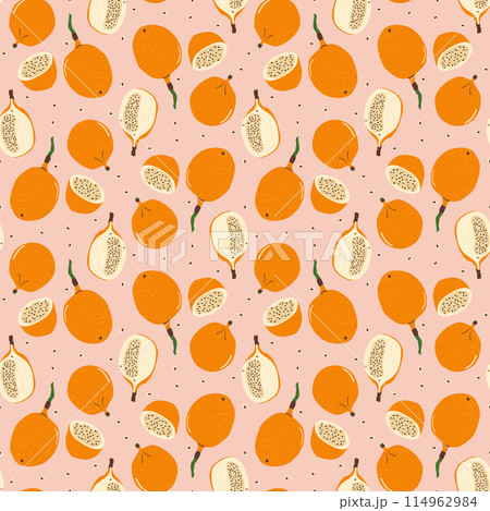 Granadilla half and whole fruit seamless pattern. Tropical fruits and leaves endless background. Yellow passion fruit repeat cover. Exotic sweet grenadia loop ornament. Vector illustration. 114962984
