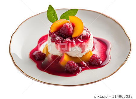 Tangy sweet Peach Melba dessert, adding a refreshing twist, AI Generated Tangy sweet Peach Melba dessert, adding a refreshing twist, AI Generated 114963035