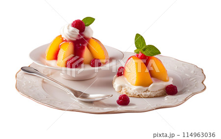 Refreshing and delicious Peach Melba dessert with fruity flavors, AI Generated Refreshing and delicious Peach Melba dessert with fruity flavors, AI Generated 114963036