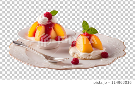 Refreshing and delicious Peach Melba dessert with fruity flavors, AI Generated Refreshing and delicious Peach Melba dessert with fruity flavors, AI Generated 114963036