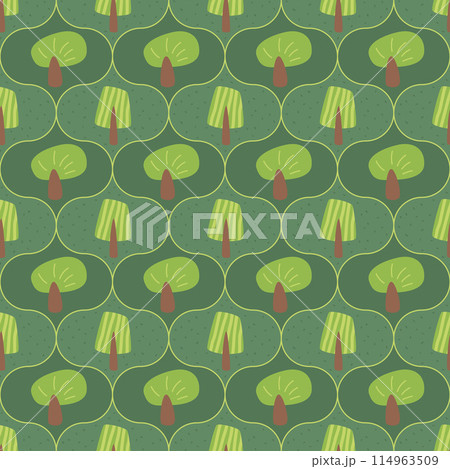 Forest landscape seamless pattern. Trees endless background. Park damask repeat cover. Nature environment loop ornament. Vectorhand drawn illustration. 114963509