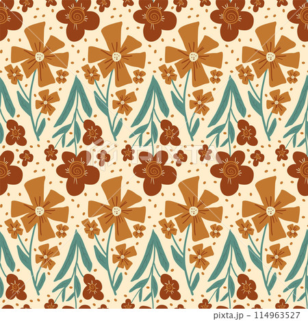 Retro flowers seamless pattern. Floral endless background. Wild flower ornament tile. Vintage botanic repeat cover. Vector hand drawn illustration. 114963527