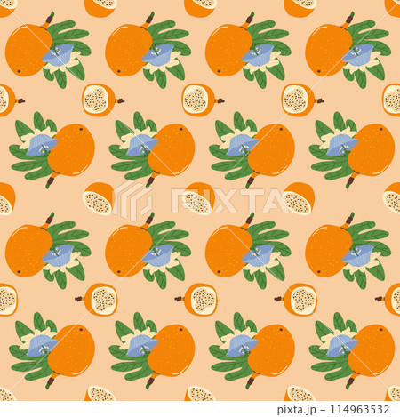 Granadilla half and whole fruit seamless pattern. Tropical fruits and leaves endless background. Yellow passion fruit repeat cover. Exotic sweet grenadia loop ornament. Vector illustration. 114963532