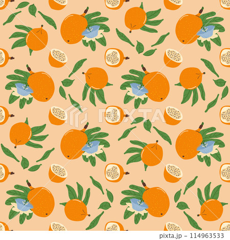 Granadilla half and whole fruit seamless pattern. Tropical fruits and leaves endless background. Yellow passion fruit repeat cover. Exotic sweet grenadia loop ornament. Vector illustration. 114963533