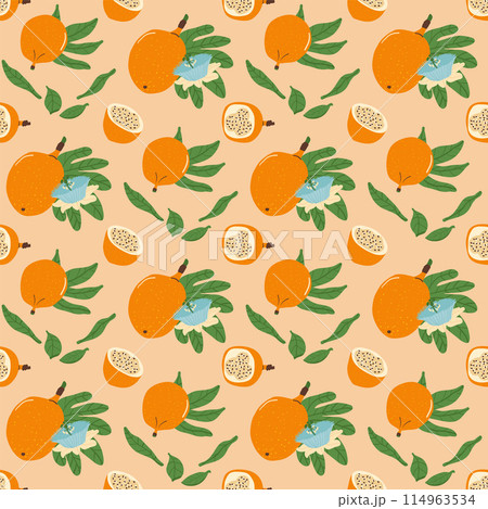 Sweet granadilla whole and half fruit seamless pattern. Tropical fruits with flowers and foliage endless background. Yellow passion fruit repeat cover. Exotic healthy food plant. Vector illustration. 114963534