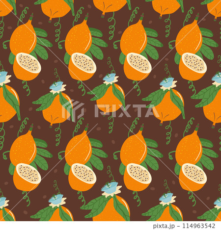 Sweet granadilla whole and half fruit seamless pattern. Tropical fruits with flowers and foliage endless background. Yellow passion fruit repeat cover. Exotic healthy food plant. Vector illustration. 114963542