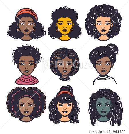 Collection diverse African female faces hairstyles. Young black women cartoon avatars expressive facial features. Set African ethnicity ladies different hairdos fashion accessories Collection diverse African female faces hairstyles. Young black women cartoon avatars expressive facial features. Set African ethnicity ladies different hairdos fashion accessories 114963562