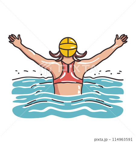 Female swimmer practicing backstroke pool, swimming sport illustration. Swimmer swimsuit cap midstroke, water waves detail, sports concept. Woman athlete swimming, training competition, fitness Female swimmer practicing backstroke pool, swimming sport illustration. Swimmer swimsuit cap midstroke, water waves detail, sports concept. Woman athlete swimming, training competition, fitness 114963591