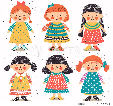 Six cartoon girls, different hairstyles, colorful dresses, cheerful faces, assorted patterns. Cute childlike drawings, playful characters, vibrant outfits, various poses, happiness Six cartoon girls, different hairstyles, colorful dresses, cheerful faces, assorted patterns. Cute childlike drawings, playful characters, vibrant outfits, various poses, happiness 114963604