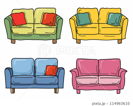 Four colorful sofas illustration, furniture collection concept, green, yellow, blue, pink couches cushions. Handdrawn style sofas, vibrant colors, living room interior design elements. Comfortable Four colorful sofas illustration, furniture collection concept, green, yellow, blue, pink couches cushions. Handdrawn style sofas, vibrant colors, living room interior design elements. Comfortable 114963610