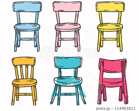 Colorful chairs illustration arranged two rows. Handdrawn style chairs, pink, yellow, blue, colorful furniture. Nine chairs, simple interior seating design, isolated white background 114963621