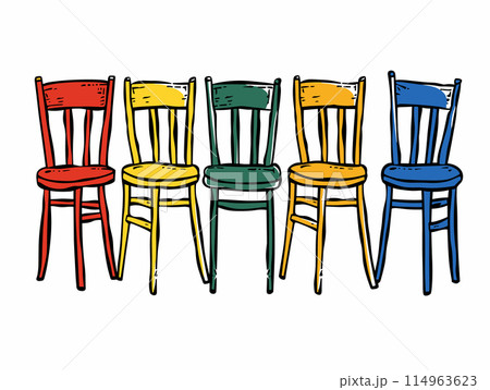 Five colorful chairs, unique color seat backrest against white background. Handdrawn style illustration red, yellow, green, orange, blue chairs. Wooden chairs colored seats, backrests Five colorful chairs, unique color seat backrest against white background. Handdrawn style illustration red, yellow, green, orange, blue chairs. Wooden chairs colored seats, backrests 114963623