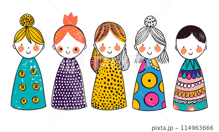 Five cartoon children standing side side, smiling, colorful dresses, unique hairstyles, cute faces. Childish artwork, vector characters, fun kids design, playful patterns dresses. Simple cheerful 114963666