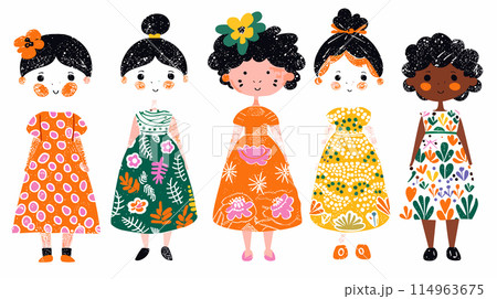 Five diverse illustrated girls wearing colorful floral dresses unique hairstyles stand side side, cartoon characters smiling warmly, character exhibits distinctive personality through vivid 114963675