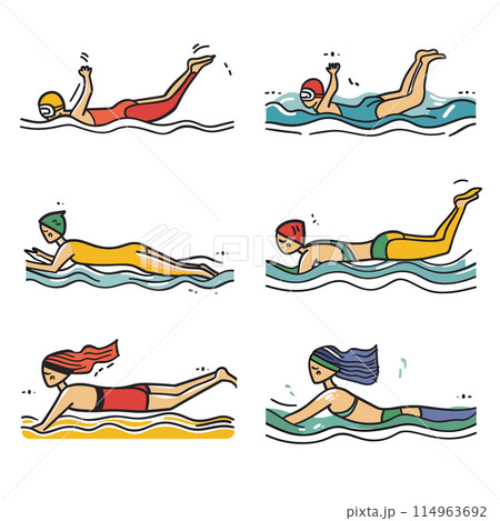 Swimmers cartoon performing different swimming styles. Female swimmers water sports activity swim styles demonstration. Colorful vector illustration swimming technique training Swimmers cartoon performing different swimming styles. Female swimmers water sports activity swim styles demonstration. Colorful vector illustration swimming technique training 114963692