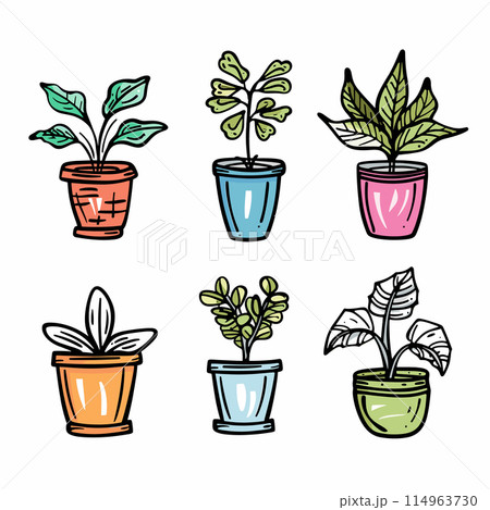 Set six colorful handdrawn potted plants, different species pot colors, doodle style illustration. Indoor gardening, home decoration concept, green foliage planters. Vibrant sketch houseplants 114963730