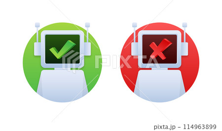 Robots with Yes and No signs on their displays. Please check robot. Chat bot. 114963899