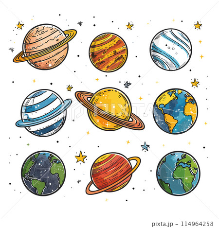 Colorful planets stars space celestial bodies handdrawn style art. Solar system astronomy educational material kids room poster. Outer space exploration, planets illustration, stars doodle, cosmic 114964258